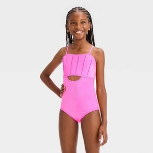 NEW Girls' 'Mermaid Dazzle' Solid One Piece Swimsuit - Cat & Jack Pink Girls 6/7 - Picture 1 of 3