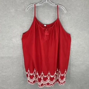 Old Navy Top Women 4x Red White Embroidered Hem Cotton Tassels Sleeveless Blouse - Picture 1 of 11