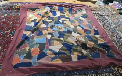 Antique American Handmade Patchwork Crazy Quilt Wool Cotton 84" x 84"'  Queen - Image 1 of 4