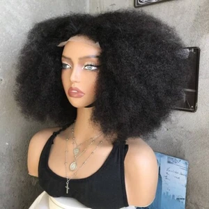 18" Afro Kinky Curly Wig for Black Women 4x4 Lace Front Wig Blend Human Hair Wig - Picture 1 of 10