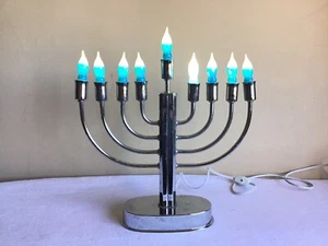 Lampadina Vintage Acciaio Inox Argento Hanukkah Blu Vacanze Menorah Elettrica Funziona - Foto 1 di 19