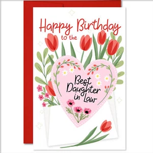 Feliz cumpleaños a la mejor hija de la ley - 5,3 x 8 con sobre - Hecho en EE. UU. - Imagen 1 de 4