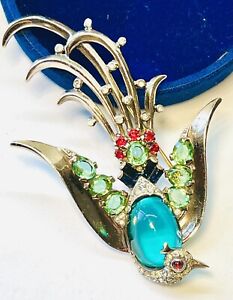 Rare Sterling TRIFARI Alfred Philippe Emerald Bird Paradise Brooch-Large Size