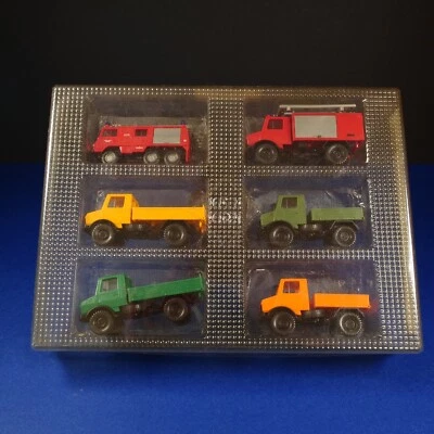 ROCO 1:87 HO MERCEDES UNIMOG SIX VEHICLES INC FIRE TRUCKS - VINTAGE - BC - VGC - Image 1 of 4