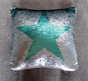 M&S REVERSIBLE SEQUIN STAR CUSHION IN SILVER & AQUA WITH VELVET BACK - NEW! - Picture 1 of 4