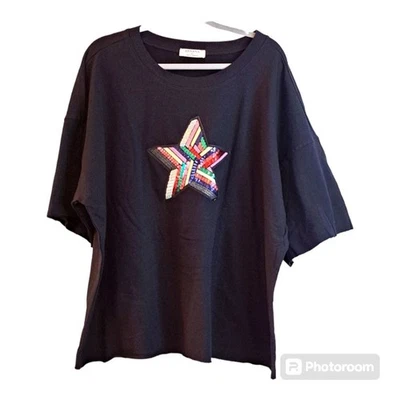 Zenana Star Applique Sequin Colorful Frayed Hemlines Short Sleeve Top NWOT  XL - Image 1 of 4