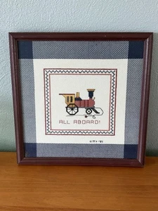 Vintage Cross Stitch Train Complete Framed All Aboard Signed 1985 Blue Plaid - Picture 1 of 5
