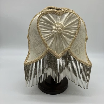 VTG Dale Tiffany Lamp Shade Cream Heart Glass Beaded Fringe Boudoir Romantic - Image 1 of 4