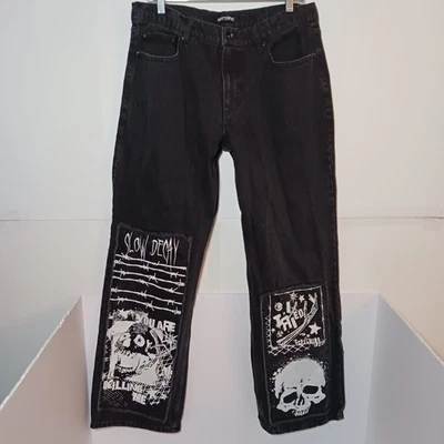 Pantalones de mezclilla Hot Topic negros con parche punk pierna ancha para hombre talla 34X32 patinador Foto 1 de 4