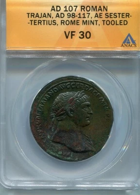Roman Empire Trajan 98-117 AD AE Sestertius Rome Mint - Spes - ANACS VF30 Tooled - Image 1 of 4
