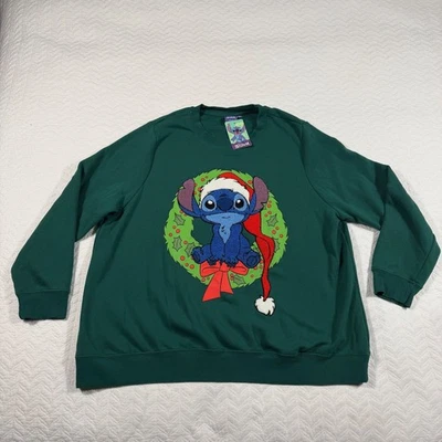 Disney Stitch Christmas Wreath Green Crewneck Sweatshirt Women's 2X Long Sleeve - Image 1 of 4