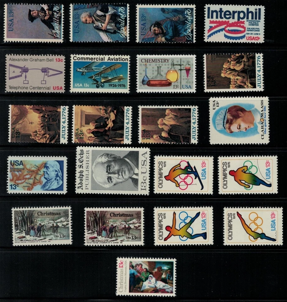 1976 COMMEMORATIVE SET OF TWENTY ONE U.S. POSTAGE STAMPS- MNH- BELOW FACE - Image 1 of 1