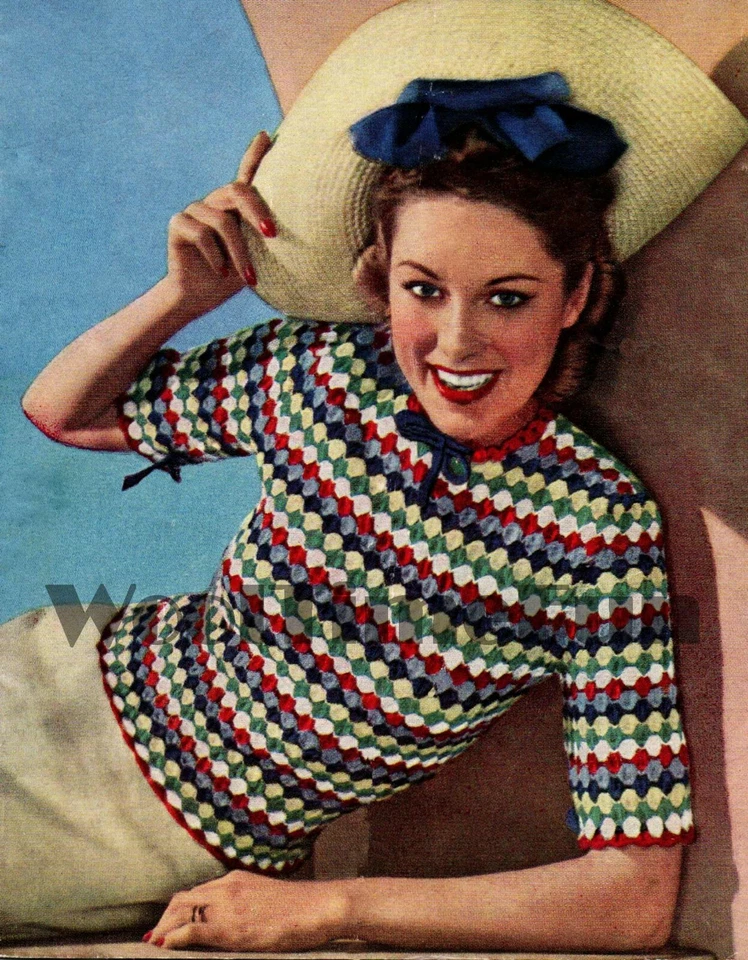 Knitting Pattern Vintage 1940s WW2 Womens Multi-Coloured Patchwork Jumper. - Image 1 of 1