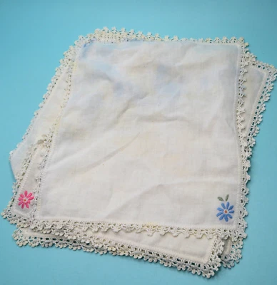 7 Vintage women's Hankies White crocheted edge, embroidered flower corner STAINS - Image 1 of 4