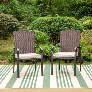 Outdoor Dining Chairs Set of 2 Rattan Chairs with Cushion Wicker Patio Furniture - Picture 1 of 9
