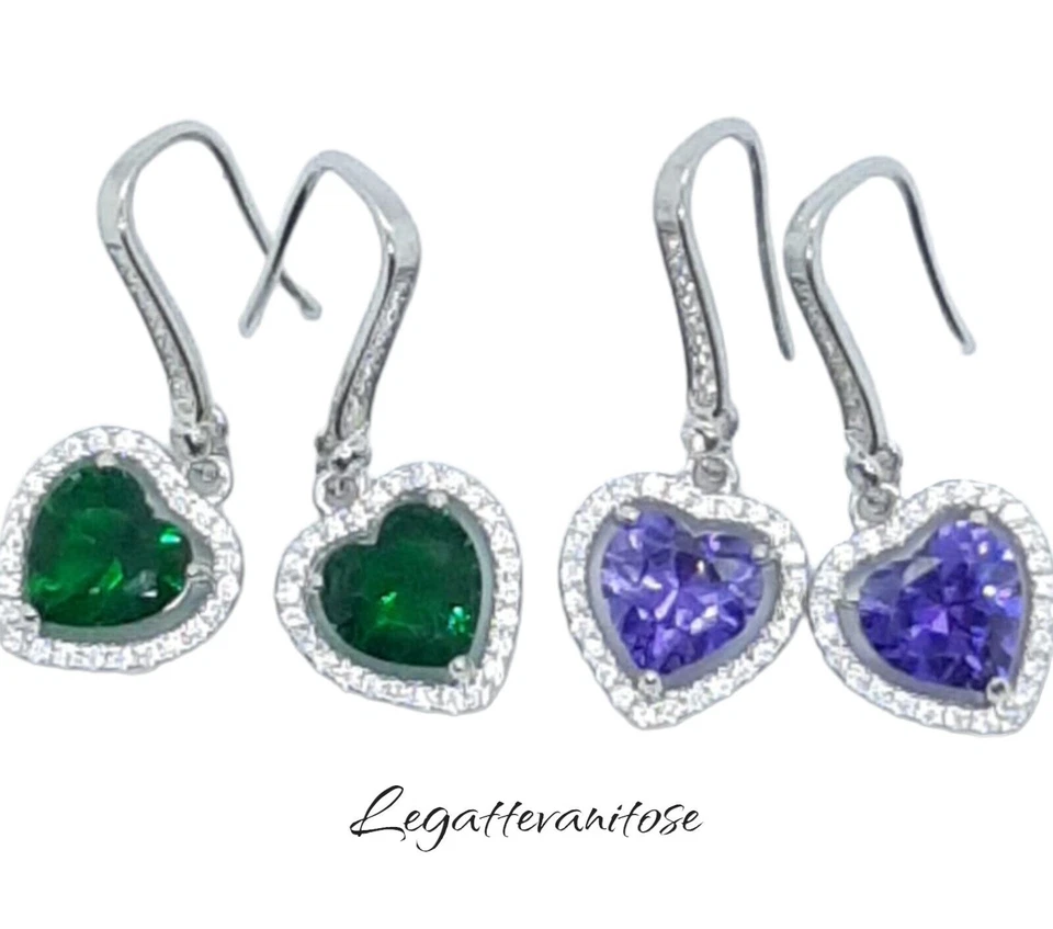 Orecchini Donna in Argento 925 zirconi bianchi  pendenti cuore. orecchini kate - Immagine 1 di 4