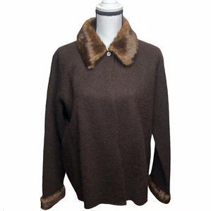 Alexandra Bartlett Wool Cardigan Sweater Jacket Large Faux Fur Collar Brown READ - Picture 1 of 11