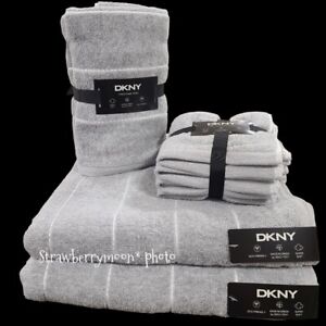 8Pc DKNY Gray White Dot pin Stripe Bath / Hand / Washcloth Towel Set New