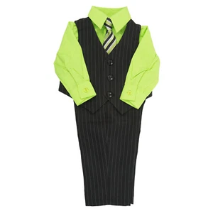 Infant 4 PCS Pinstripe Vest & Pant Set IS1401-Lime Shirt Matching Tie 3-9 Months - Picture 1 of 3
