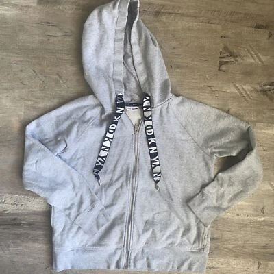 Moletom com capuz feminino DKNY Sport logotipo cordão zíper completo cinza médio Y2K - Imagem 1 de 4