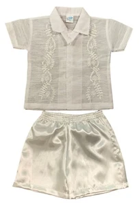 Lullet Boys Sheer White Button-Up Shirt Satin Shorts Set Embroidered Size 4 - Picture 1 of 9