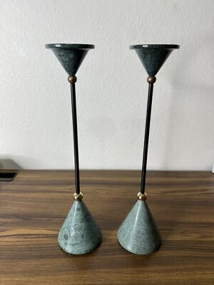 vintage Set Of 2 Tall stone and metal Pillar Candle Holders - Image 1 of 4