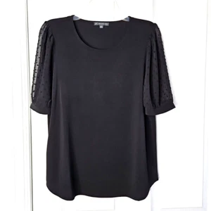 Adrianna Papell Puff Sleeve Blouse Size M Black Stretch Swiss Dot Short Sleeve - Picture 1 of 8