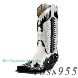 Retro Mens Cowboy Exotic Embroidered Shoes Western Boot Broad Pointed Toe Mexico - Picture 1 of 14