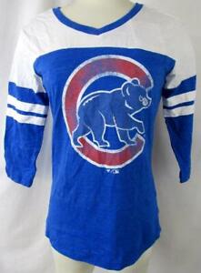Chicago Cubs Women S 3/4 Sleeve Distressed Screened "PRIMARY LOGO" Tee CGC 73