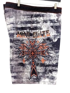 MMA Elite board short 2XL gray 10.5" inseam swim mesh cross fleur-di-lis goth - Picture 1 of 17