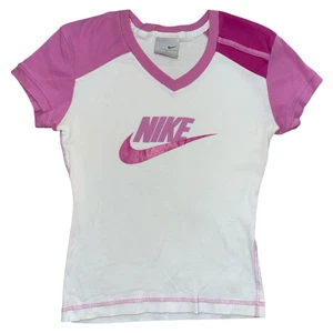 Vintage Nike Shirt Women S White Pink Raglan Short Sleeve V Neck Swoosh 90s Y2K - Picture 1 of 5
