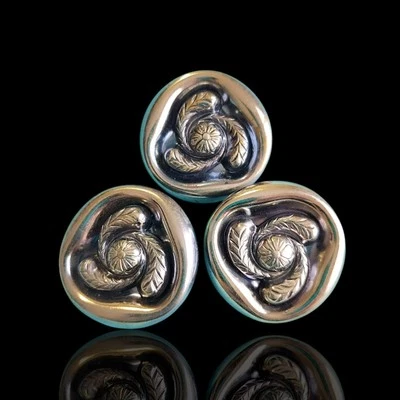 Set Of Large Vintage Silvered Metal Buttons Flower Feather Plumb - Image 1 of 4