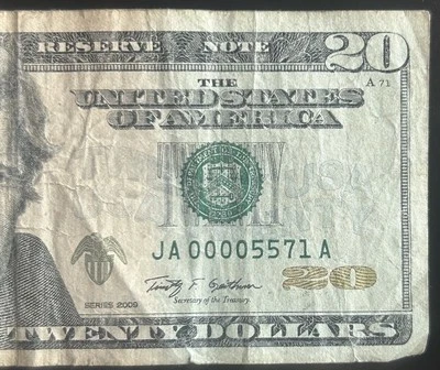 (LOW SERIAL NUMBER!) $20 Low Four Digit Fancy Serial Number JA00005571A *2009* - Image 1 of 3