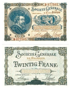 u Billete Reproducción Bélgica 20 Francos 1915 Pick #89 0722R - Imagen 1 de 1