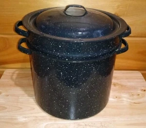 Vintage Small Black Speckled Enamel Seafood Steamer Pot 3pc Crabs Clams Shrimp - Picture 1 of 11