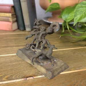 Vintage 1970 Artist Signed Dan Levin Bronze Statue Kids Playing Tricycle Figure - Picture 1 of 9