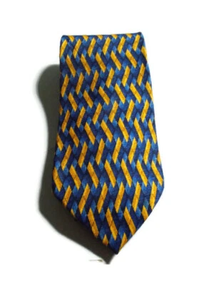 Corbata de cuello de seda Barrington clásica con patrón geométrico azul y dorado para hombre. " Usado en excelente estado", Foto 1 de 4