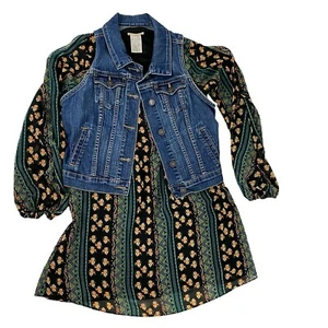 Antiguo Vestido Azul Marino Para Mujer XS Lote Chaleco Denim Geo Floral Manga Abertura Verde Trabajo Oficina - Imagen 1 de 11