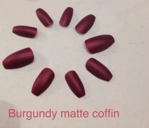 Burgundy matte Coffin False Nails choose your shape - Picture 1 of 2