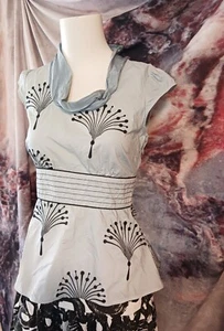 Floreat Anthro Cotton Blouse Pale Blue w/Black Floral Embroidery Cap Sleeve Sz 2 - Picture 1 of 7