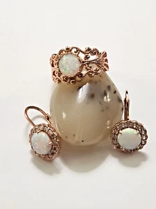 Set Filigree Rose Goldtone Lab Fire Opal Ring sz 7.5 Pierced Earrings Lever Back - Picture 1 of 6