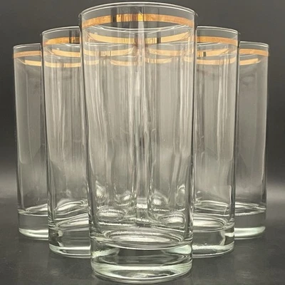 Pasabahce 6pc Gold Trim Tom Collins Highball Cocktail Glasses Turkey 6.25"t 16oz - Image 1 of 4