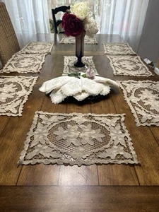 vintage italian Needle Lace Placemats & Napkin Set Of 8 & Center Piece  - Picture 1 of 11