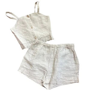 H&M Beige Linen Set 6x Girls Button Front Summer Beach Coastal Crop Top - Picture 1 of 9