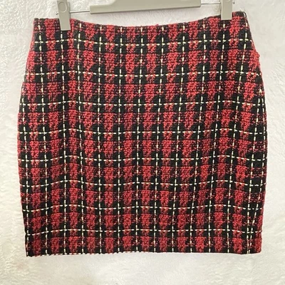 Boston Proper Metallic Tweed Plaid Skirt Boucle Christmas Red/Black/Gold Size 14 - Image 1 of 4