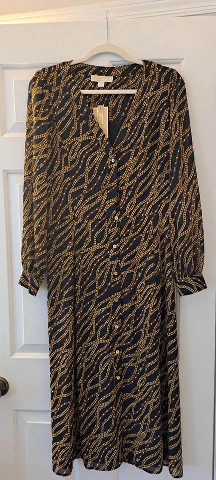 Vestido Feminino Michael Kors Manga Longa, Tamanho Pequeno, Estampa Corrente Dourada com Cinto - Imagem 1 de 2