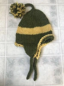 Child Ear Flap Hat Green & Gold Pom Pom Medium Weight six months - 2 years Size - Picture 1 of 3