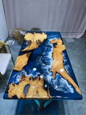 Ocean Blue Resin Epoxy Dining Table Top Wooden Epoxy Counter Top Furniture - Image 1 of 4