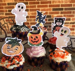 12 handgefertigte Halloween Cupcake Topper, Vorspeise Pick Ghost, Hexe auf dem Mond, Katze, JOL - Bild 1 von 4