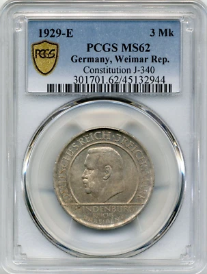 1929E 3 Reichsmarks Germany - Weimar Rep. Constitution - Uncirculated, PCGS MS62 - Image 1 of 3